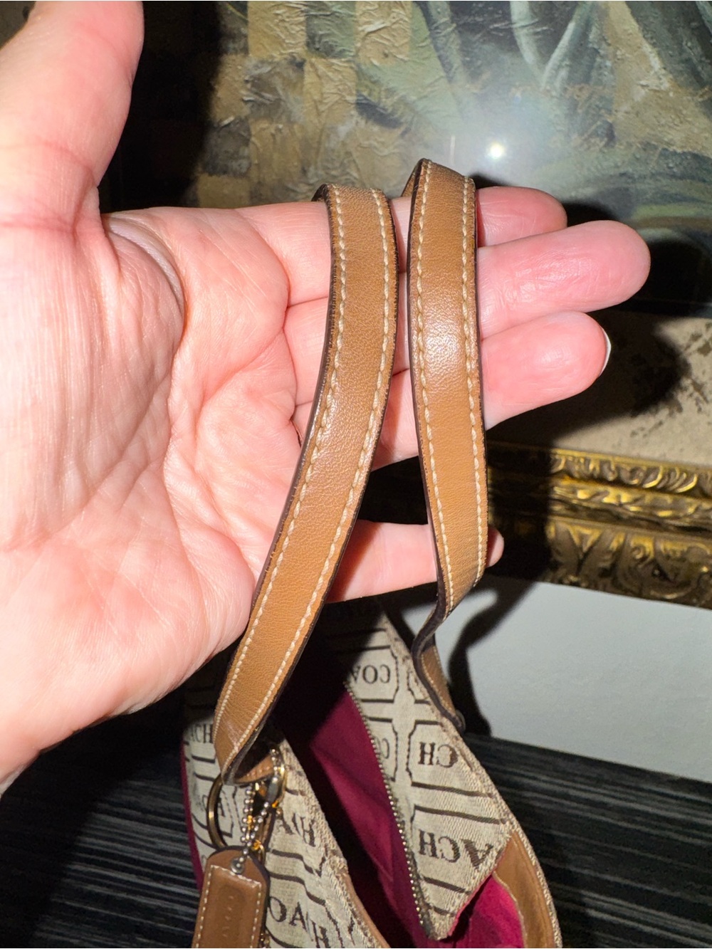 Coach 2008 Lozenge Brown Canvas Leather Trim Stripe Zipper Closure Tote Bag -GUC - Picture 9 of 14